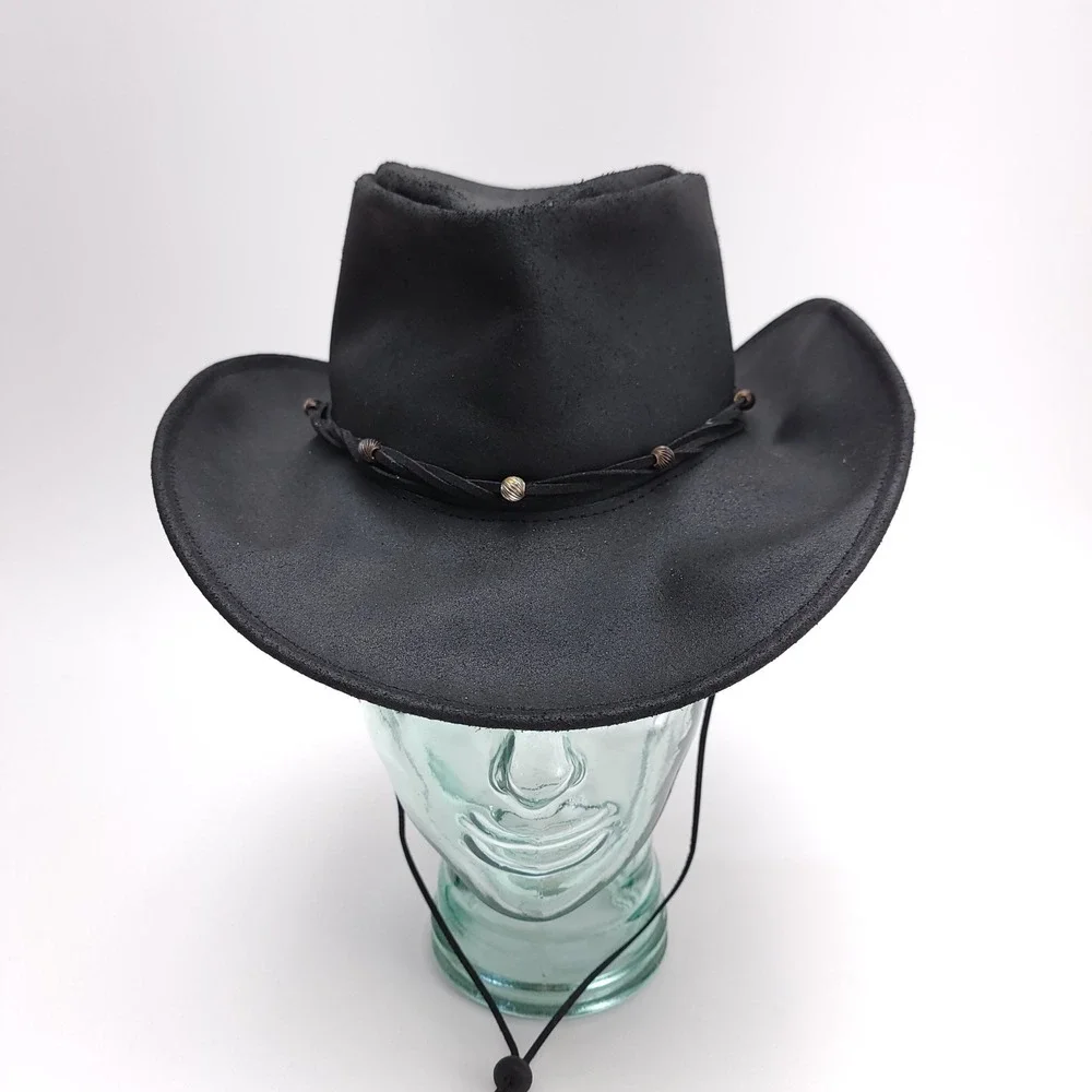 Genuine Leather Cowboy‎ Hat Black Western Braided Band Mexico Small 20 1/4 in.